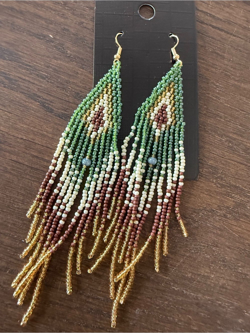Handmade Green Beaded Fringe Earrings by